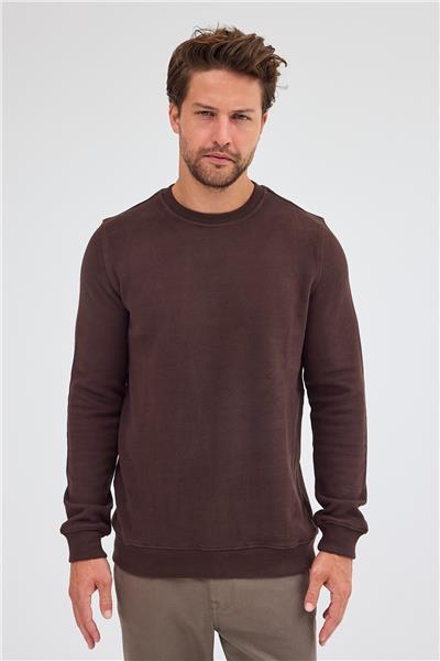 Kahverengi Uzun Kol Bisiklet Yaka Düz Pamuklu Comfort Fit Sweatshirt 1013255150