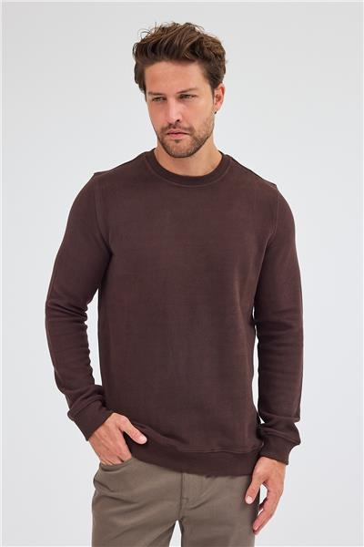Kahverengi Uzun Kol Bisiklet Yaka Düz Pamuklu Comfort Fit Sweatshirt 1013255150