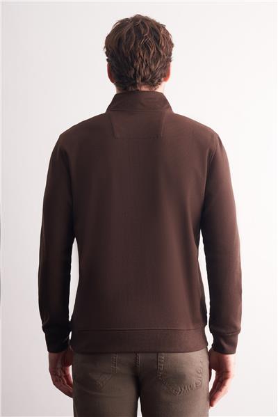 Kahverengi Uzun Kol Hakim Yaka Düz Pamuklu Comfort Fit Sweatshirt 1013255151