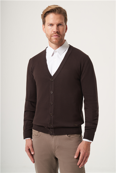 Kahverengi V Yaka Uzun Kol Örme Comfort Fit Pamuklu Hırka Triko 1012265016