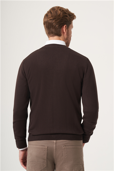 Kahverengi V Yaka Uzun Kol Örme Comfort Fit Pamuklu Hırka Triko 1012265016