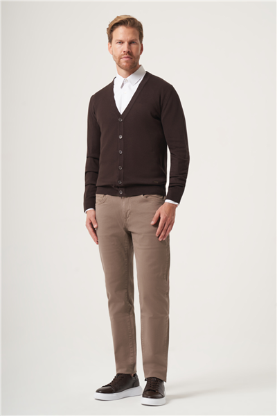Kahverengi V Yaka Uzun Kol Örme Comfort Fit Pamuklu Hırka Triko 1012265016
