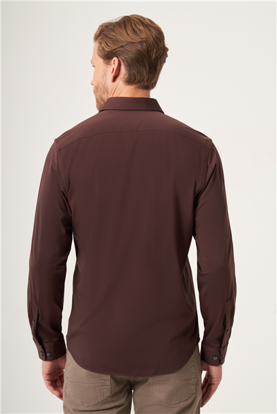 Kahverengi Yumuşak Yaka Örme Performans Slim Fit Esnek Gömlek 1004265170