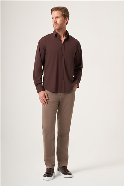 Kahverengi Yumuşak Yaka Örme Performans Slim Fit Esnek Gömlek 1004265170