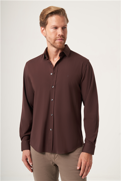 Kahverengi Yumuşak Yaka Örme Performans Slim Fit Esnek Gömlek 1004265170