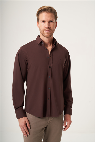 Kahverengi Yumuşak Yaka Örme Performans Slim Fit Esnek Gömlek 1004265170