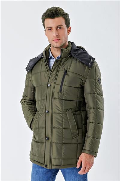 Koyu Haki Kapüşonlu Kapitoneli Astar Comfort Fit Rahat Kesim Klasik Kaban 1008235155