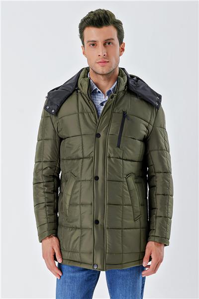 Koyu Haki Kapüşonlu Kapitoneli Astar Comfort Fit Rahat Kesim Klasik Kaban 1008235155