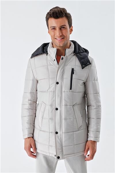 Taş Rengi Kapüşonlu Kapitoneli Astar Comfort Fit Rahat Kesim Klasik Kaban 1008235155