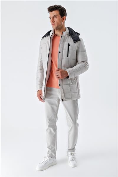 Taş Rengi Kapüşonlu Kapitoneli Astar Comfort Fit Rahat Kesim Klasik Kaban 1008235155