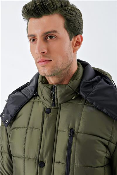 Koyu Haki Kapüşonlu Kapitoneli Astar Comfort Fit Rahat Kesim Klasik Kaban 1008235155