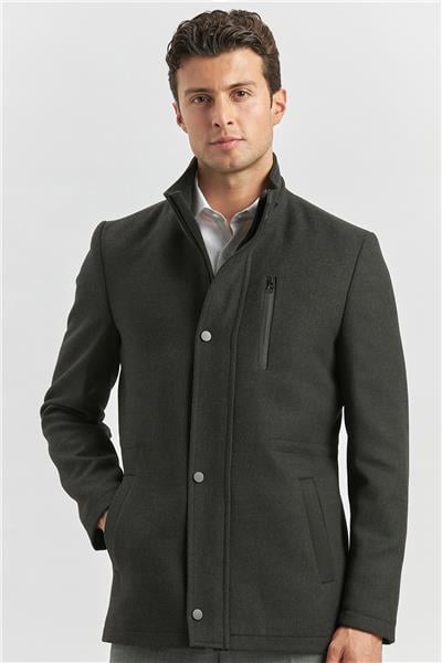 Koyu Antrasit Kaşe Dik Yaka Kapitoneli Astar Slim Fit Dar Kesim Klasik Kaban 1008245150