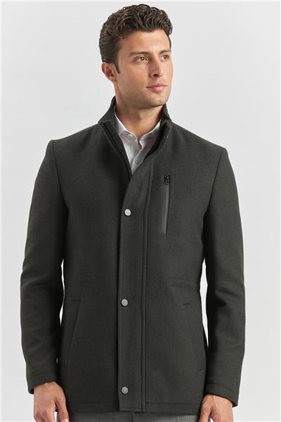 Koyu Antrasit Kaşe Dik Yaka Kapitoneli Astar Slim Fit Dar Kesim Klasik Kaban 1008245150