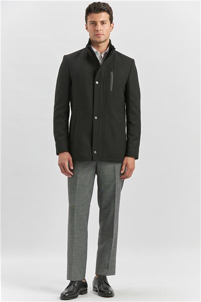 Siyah Kaşe Dik Yaka Kapitoneli Astar Slim Fit Dar Kesim Klasik Kaban 1008245150