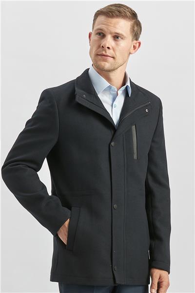 Koyu Lacivert Kaşe Dik Yaka Kapitoneli Astar Slim Fit Dar Kesim Klasik Kaban 1008245150