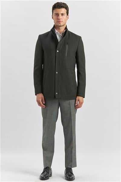 Koyu Antrasit Kaşe Dik Yaka Kapitoneli Astar Slim Fit Dar Kesim Klasik Kaban 1008245150