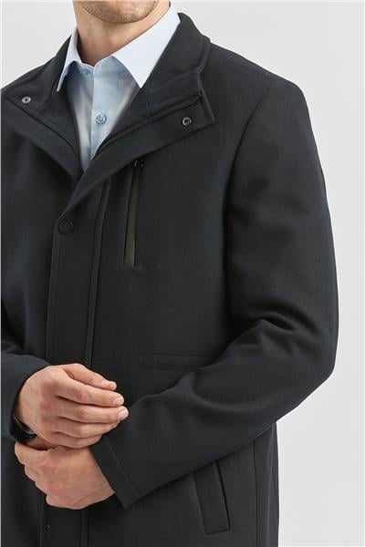 Koyu Lacivert Kaşe Dik Yaka Kapitoneli Astar Slim Fit Dar Kesim Klasik Kaban 1008245150