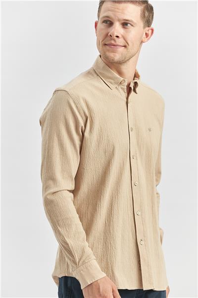 Kayısı Uzun Kollu Gofreli Biyeli %100 Pamuk Casual Slim Fit Dar Kesim Gömlek 1004240247