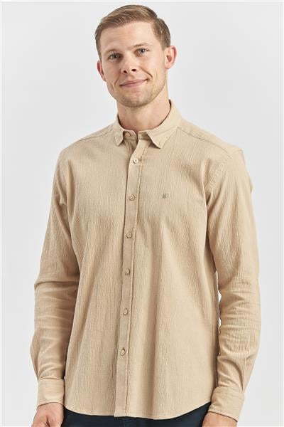 Kayısı Uzun Kollu Gofreli Biyeli %100 Pamuk Casual Slim Fit Dar Kesim Gömlek 1004240247