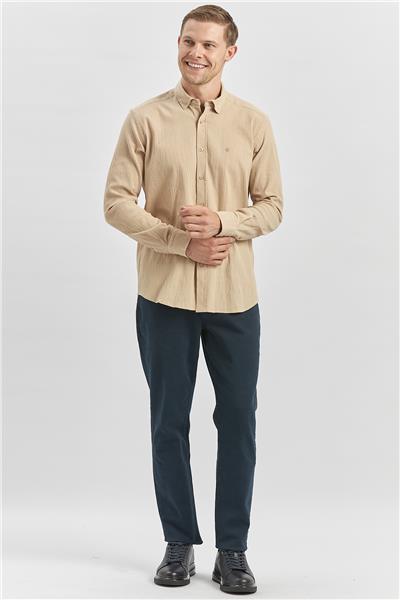 Kayısı Uzun Kollu Gofreli Biyeli %100 Pamuk Casual Slim Fit Dar Kesim Gömlek 1004240247