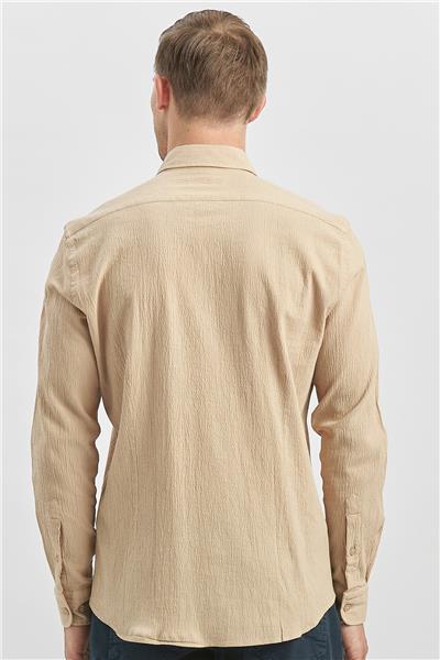 Kayısı Uzun Kollu Gofreli Biyeli %100 Pamuk Casual Slim Fit Dar Kesim Gömlek 1004240247
