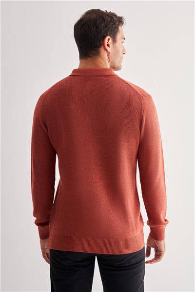 Kiremit Fermuarlı Polo Yaka Uzun Kol Cepsiz Comfort Fit Casual Pamuklu Triko Kazak 1012255202