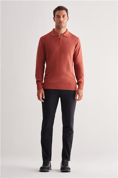 Kiremit Fermuarlı Polo Yaka Uzun Kol Cepsiz Comfort Fit Casual Pamuklu Triko Kazak 1012255202