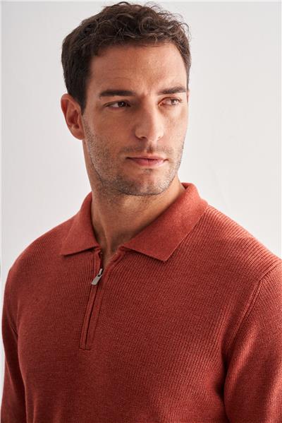 Kiremit Fermuarlı Polo Yaka Uzun Kol Cepsiz Comfort Fit Casual Pamuklu Triko Kazak 1012255202