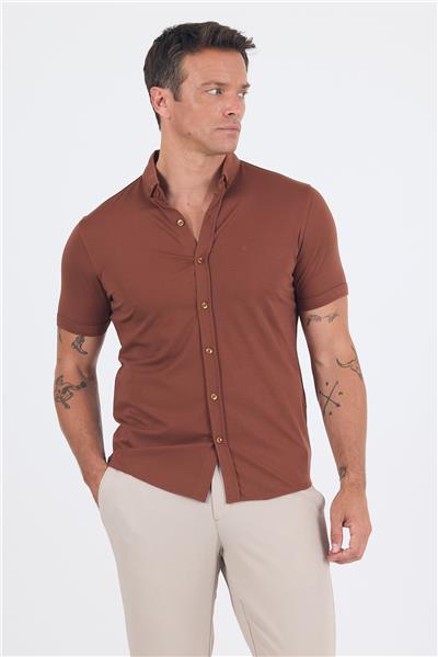 Kırmızı italyan Düğmeli Yaka Kısa Kol Cepsiz Slim Fit Gömlek 1004250255