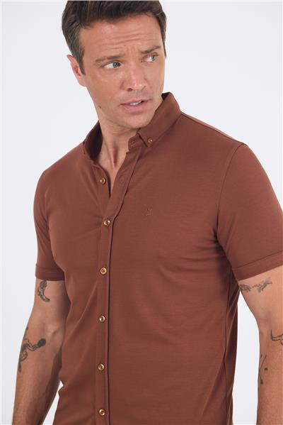 Kırmızı italyan Düğmeli Yaka Kısa Kol Cepsiz Slim Fit Gömlek 1004250255