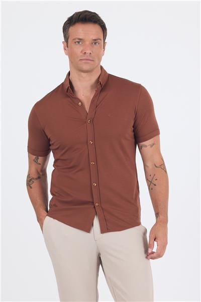 Kırmızı italyan Düğmeli Yaka Kısa Kol Cepsiz Slim Fit Gömlek 1004250255