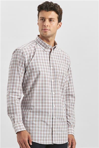 Kiremit Uzun Kol Ekose Desen Bez Ayağı Smart Düğmeli Yaka Classic Comfort Fit Gömlek 1004240253