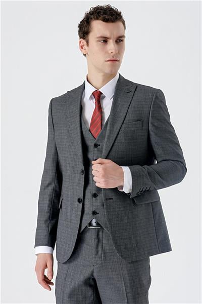 Koyu Antrasit Kırlangıç Yaka Çift Yırtmaç Yelekli 6 Drop Slim Klasik Takım Elbise 1001235177