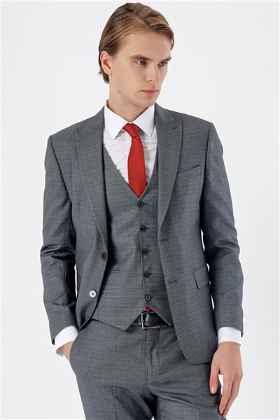 Füme Kırlangıç Yaka Yelekli 6 Drop Slim Fit Tam Astar Takım Elbise 1001235177