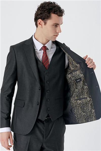 Koyu Antrasit Kırlangıç Yaka Yelekli 6 Drop Slim Fit Dar Kesim Klasik Takım Elbise 1001235164