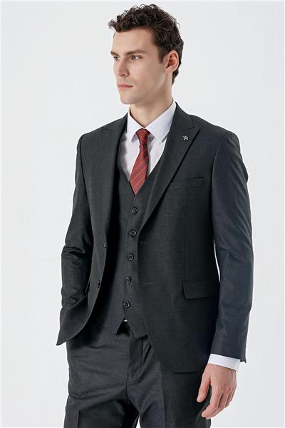 Koyu Antrasit Kırlangıç Yaka Yelekli 6 Drop Slim Fit Dar Kesim Klasik Takım Elbise 1001235164