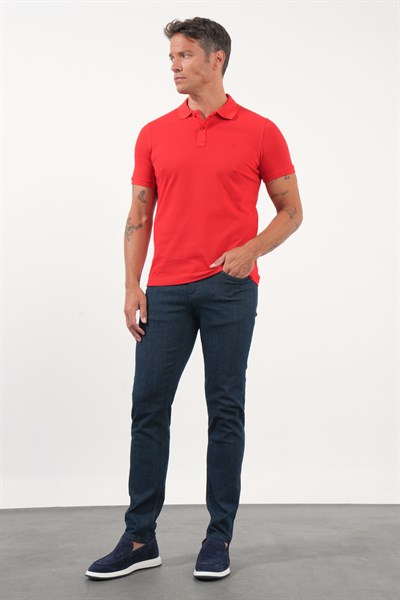 Kırmızı Polo Yaka Pike Kısa Kol Slim Fit Pamuklu Tişört 1011260169