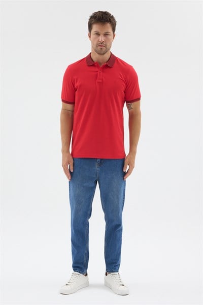 Kırmızı Polo Yaka Pike Kısa Kol Slim Fit %100 Pamuk Tişört 1011260171