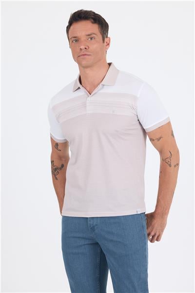 Bej Kısa Kol Baskılı Pike Polo Yaka Cepsiz Slim Fit Tişört 1011250166