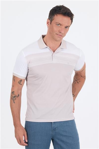 Bej Kısa Kol Baskılı Pike Polo Yaka Cepsiz Slim Fit Tişört 1011250166