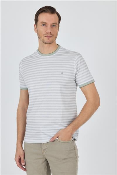 Yeşil Kısa Kol Çizgili Desen Suprem Bisiklet Yaka Cepsiz Slim Fit Tişört 1011250106