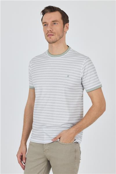 Yeşil Kısa Kol Çizgili Desen Suprem Bisiklet Yaka Cepsiz Slim Fit Tişört 1011250106