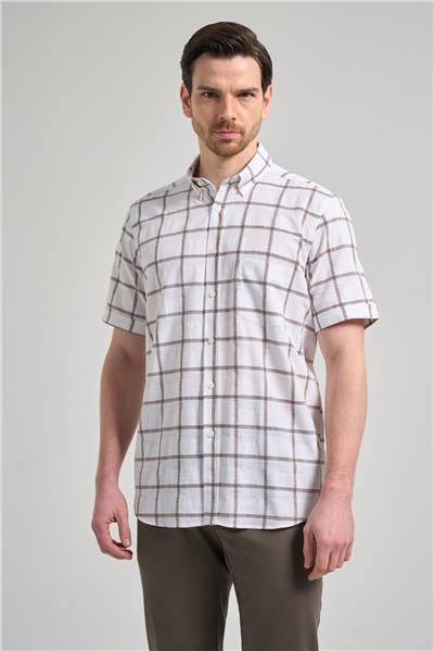 Kısa Kol Ekose Desen Armürlü Düğmeli Yaka cepli Pamuklu Classic Comfort Fit Gömlek 1004250166