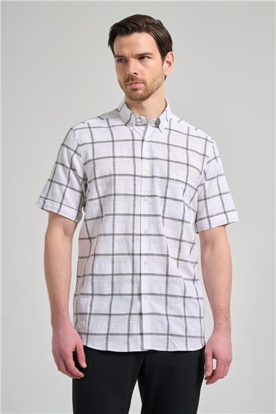 Kısa Kol Ekose Desen Armürlü Düğmeli Yaka cepli Pamuklu Classic Comfort Fit Gömlek 1004250166