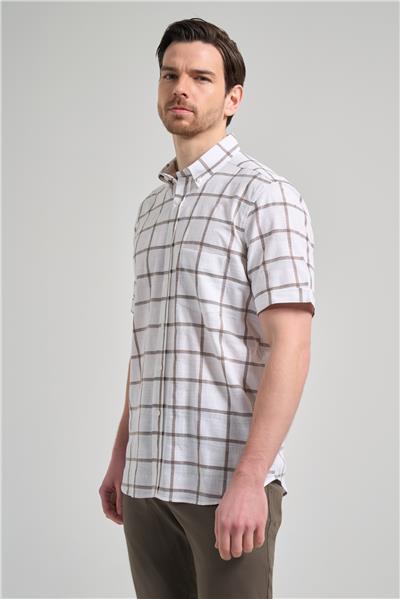 Kısa Kol Ekose Desen Armürlü Düğmeli Yaka cepli Pamuklu Classic Comfort Fit Gömlek 1004250166
