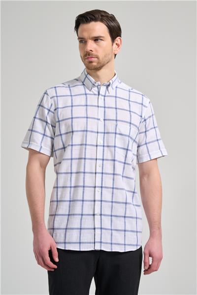 Kısa Kol Ekose Desen Armürlü Düğmeli Yaka cepli Pamuklu Classic Comfort Fit Gömlek 1004250166
