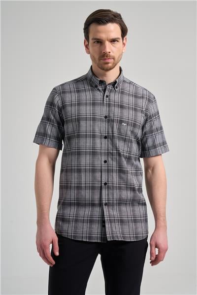 Kısa Kol Ekose Desen Bez Ayağı Düğmeli Yaka cepli Pamuklu Classic Comfort Fit Gömlek 1004250162