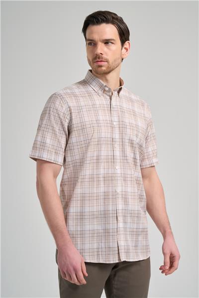 Kısa Kol Ekose Desen Bez Ayağı Düğmeli Yaka cepli Pamuklu Classic Comfort Fit Gömlek 1004250162