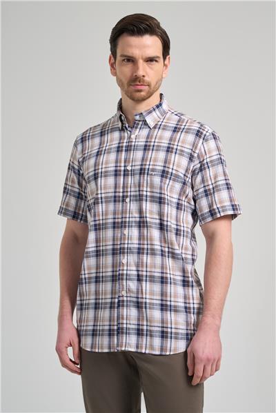 Kısa Kol Ekose Desen Bez Ayağı Düğmeli Yaka cepli %100 Pamuk Classic Comfort Fit Gömlek 1004250164