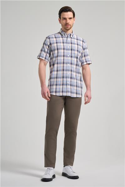 Kısa Kol Ekose Desen Bez Ayağı Düğmeli Yaka cepli %100 Pamuk Classic Comfort Fit Gömlek 1004250164